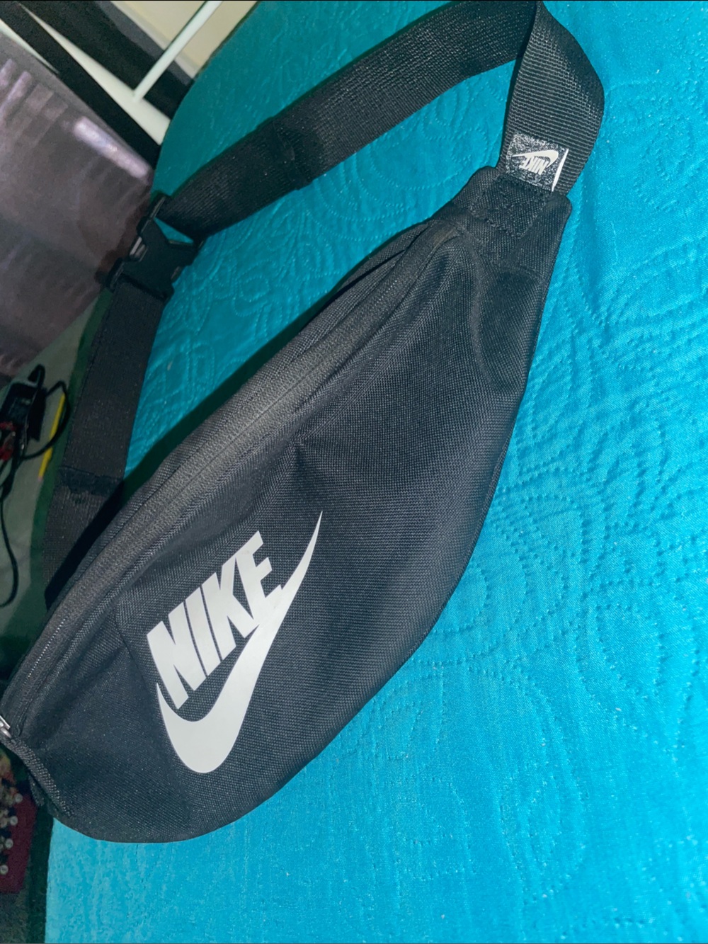 Nike Black and White Waist Bag with Bold Swoosh